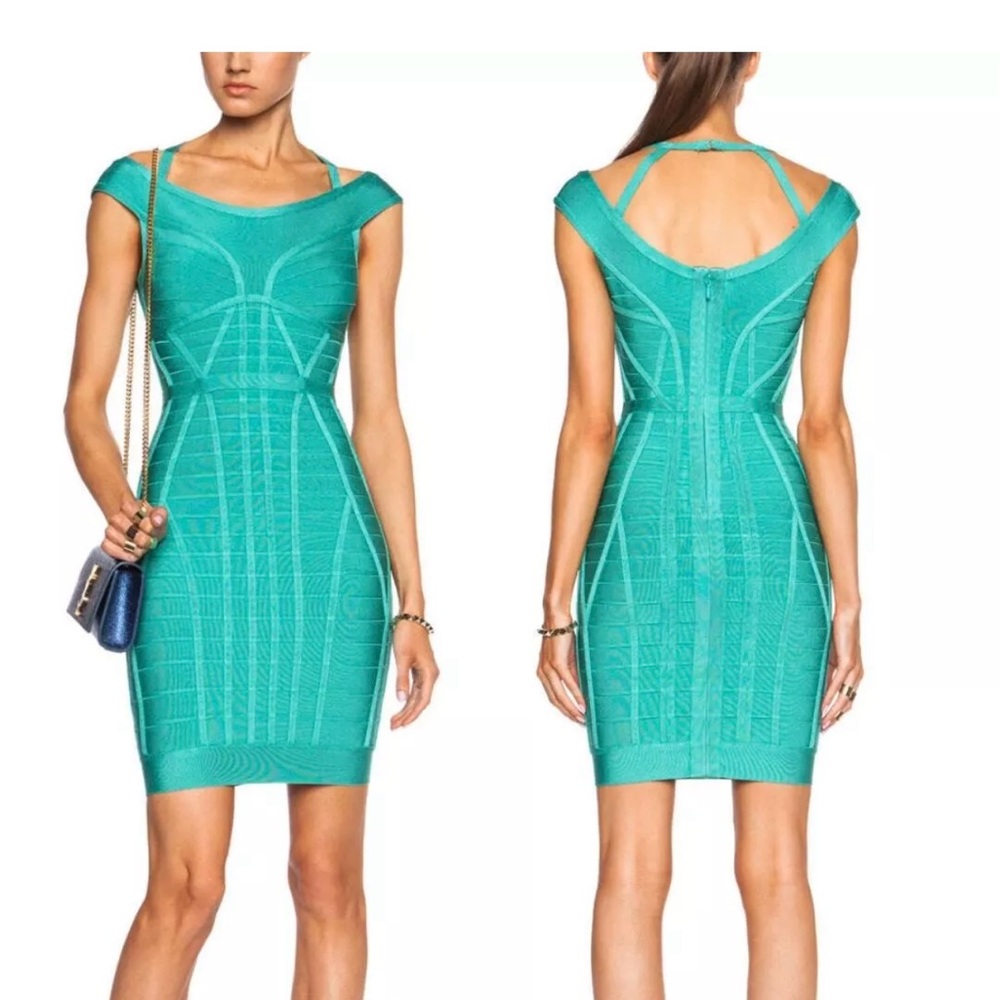 Herve Leger Blue Bodycon Dress Sweetheart Neckline Cap Sleeve